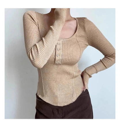 Women's Clothing Fashion All-match Solid Knit Pullovers Spring Summer Elegant Square Collar Chic Button Sweater Lady Vintage Top
