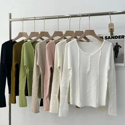 Women's Clothing Fashion All-match Solid Knit Pullovers Spring Summer Elegant Square Collar Chic Button Sweater Lady Vintage Top