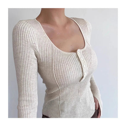 Women's Clothing Fashion All-match Solid Knit Pullovers Spring Summer Elegant Square Collar Chic Button Sweater Lady Vintage Top