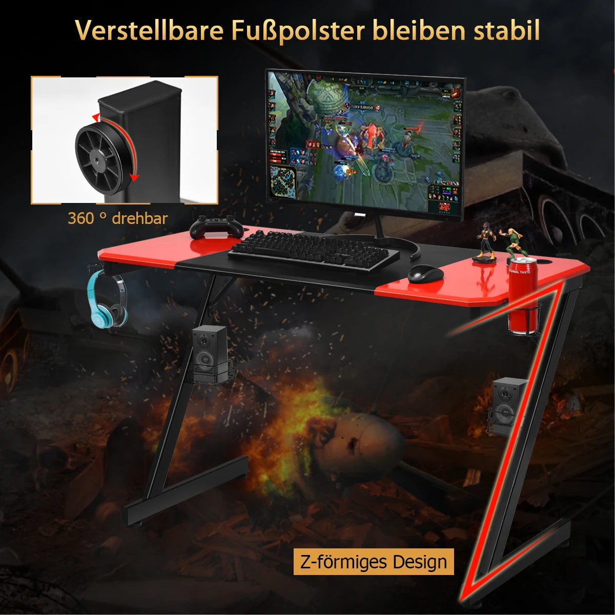 Z-shaped gaming table computer table PC table with mug holder headphones hooks and pit stands desk for home