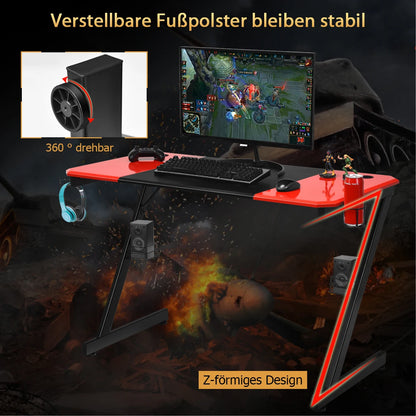 Z-shaped gaming table computer table PC table with mug holder headphones hooks and pit stands desk for home