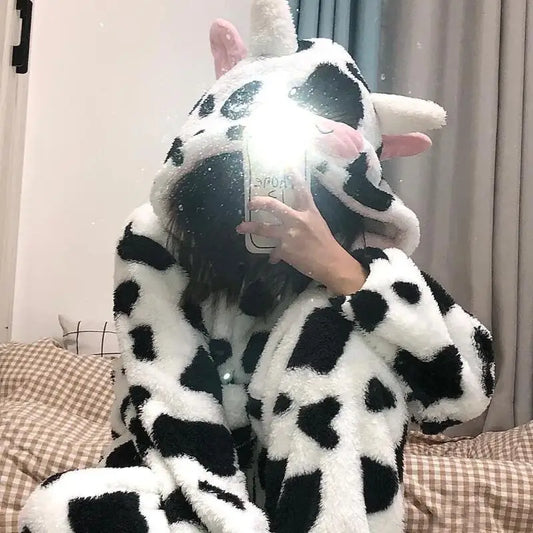 Women's Clothing Cute Cow Hooded Shan Fleece-Lined Thicken Pajamas Autumn and Winter Long Sleeves Flannel Homewear Set