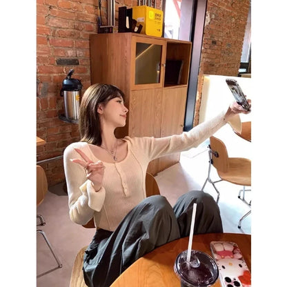 Women's Clothing Fashion All-match Solid Knit Pullovers Spring Summer Elegant Square Collar Chic Button Sweater Lady Vintage Top