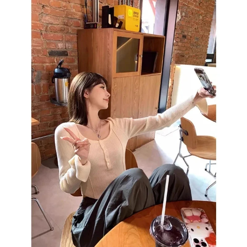 Women's Clothing Fashion All-match Solid Knit Pullovers Spring Summer Elegant Square Collar Chic Button Sweater Lady Vintage Top