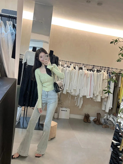 Women's Clothing Fashion All-match Solid Knit Pullovers Spring Summer Elegant Square Collar Chic Button Sweater Lady Vintage Top