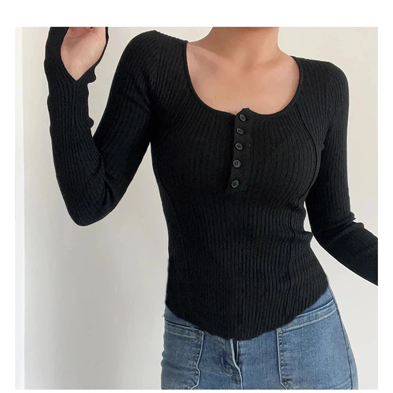 Women's Clothing Fashion All-match Solid Knit Pullovers Spring Summer Elegant Square Collar Chic Button Sweater Lady Vintage Top