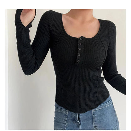 Women's Clothing Fashion All-match Solid Knit Pullovers Spring Summer Elegant Square Collar Chic Button Sweater Lady Vintage Top