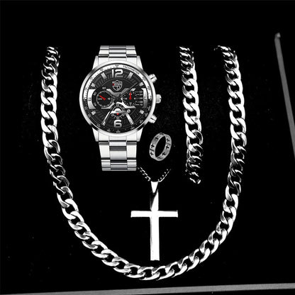5PCS Set DEYROS Fashion Mens Calendar Watches Men Business Stainless Steel Quartz Wristwatch Male Casual Necklace Bracelet Watch
