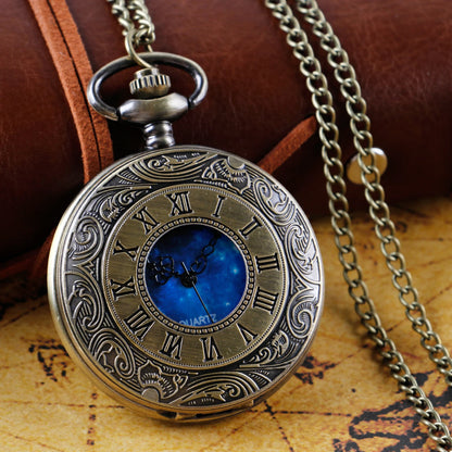 Special Antique Design Blue Dial Quartz Pocket Watch Vintage Necklace Pendant Clock Men's and Women's Best Holiday Gift