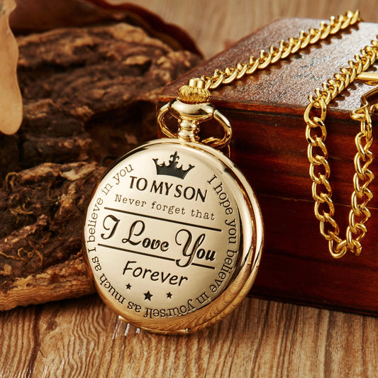 Commemorative gold circular pocket watch as my son's birthday gift Christmas pocket watch waist chain quartz pocket watch