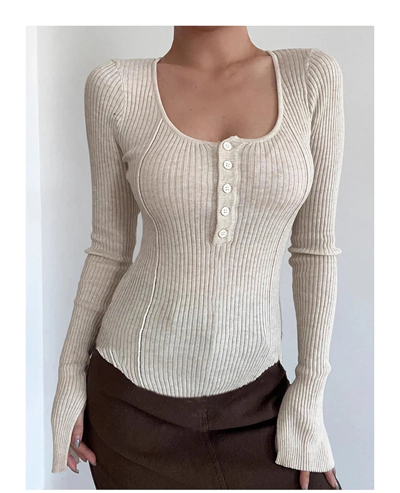 Women's Clothing Fashion All-match Solid Knit Pullovers Spring Summer Elegant Square Collar Chic Button Sweater Lady Vintage Top