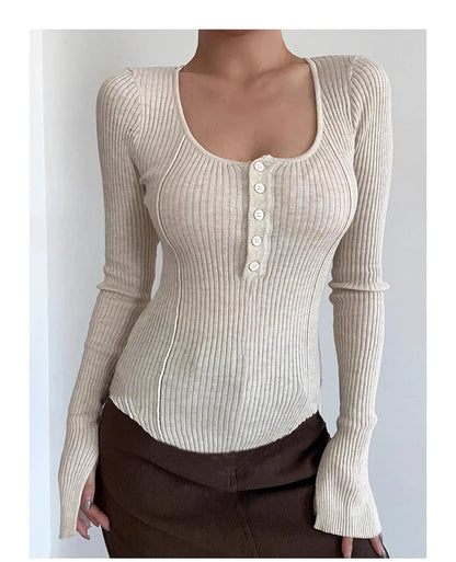 Women's Clothing Fashion All-match Solid Knit Pullovers Spring Summer Elegant Square Collar Chic Button Sweater Lady Vintage Top