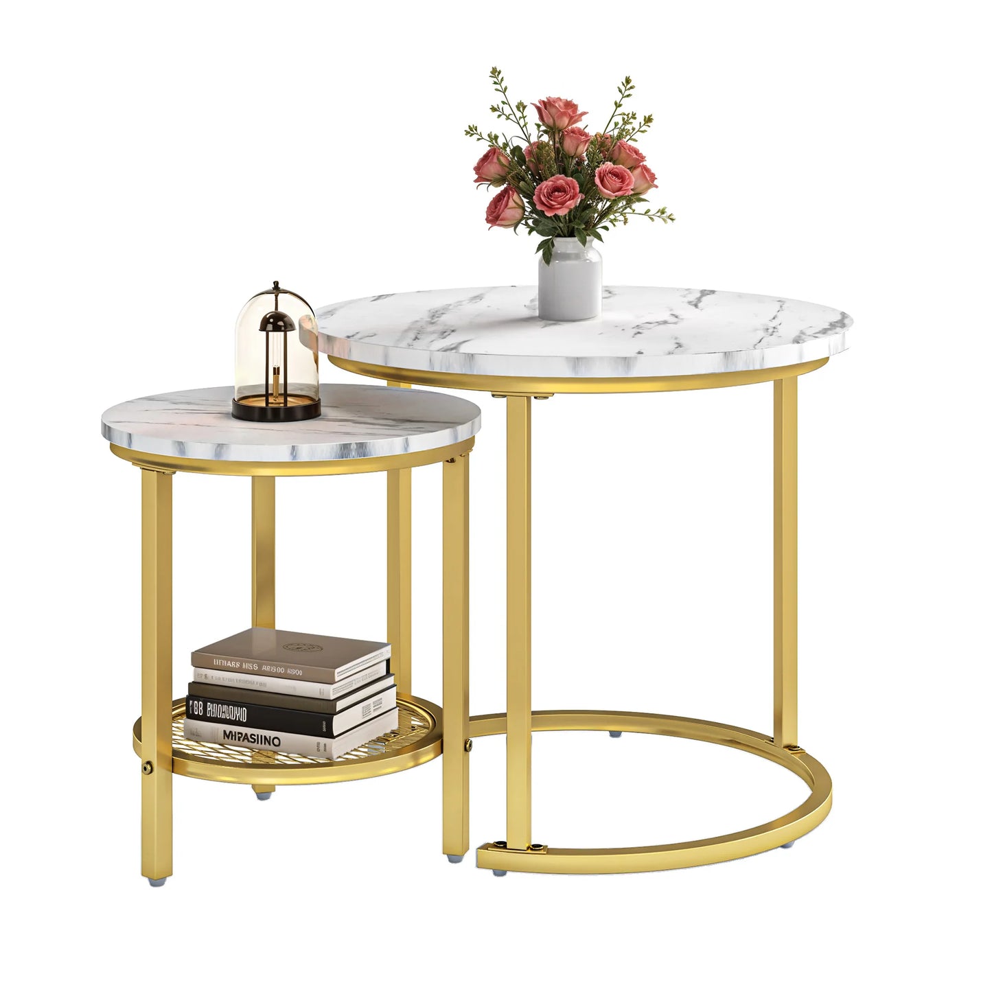 YITAHOME 2-Piece Nesting Coffee Table Set - Round Wood Top & Metal Frame with Storage, 60x60x50.5cm, Easy Assembly