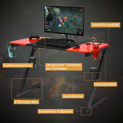 Z-shaped gaming table computer table PC table with mug holder headphones hooks and pit stands desk for home