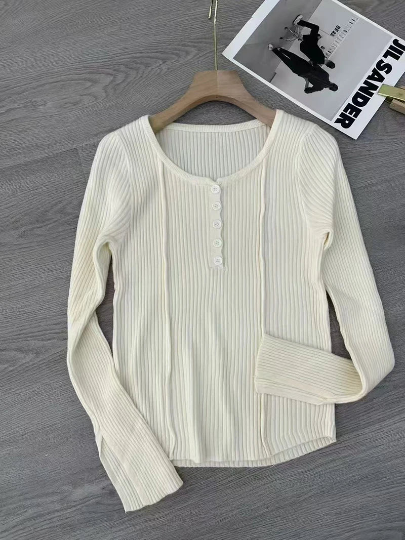 Women's Clothing Fashion All-match Solid Knit Pullovers Spring Summer Elegant Square Collar Chic Button Sweater Lady Vintage Top