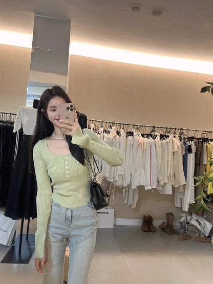 Women's Clothing Fashion All-match Solid Knit Pullovers Spring Summer Elegant Square Collar Chic Button Sweater Lady Vintage Top