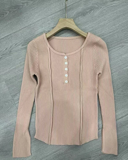 Women's Clothing Fashion All-match Solid Knit Pullovers Spring Summer Elegant Square Collar Chic Button Sweater Lady Vintage Top