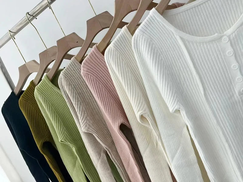 Women's Clothing Fashion All-match Solid Knit Pullovers Spring Summer Elegant Square Collar Chic Button Sweater Lady Vintage Top