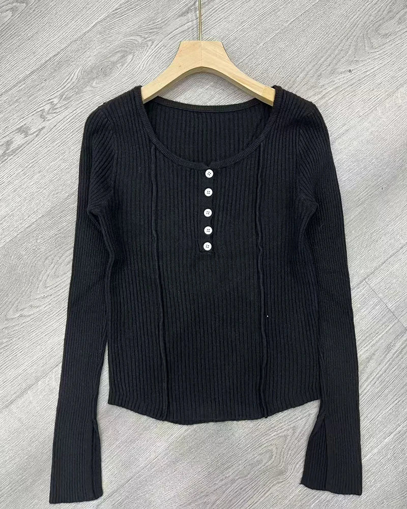 Women's Clothing Fashion All-match Solid Knit Pullovers Spring Summer Elegant Square Collar Chic Button Sweater Lady Vintage Top
