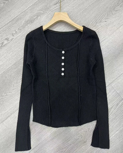 Women's Clothing Fashion All-match Solid Knit Pullovers Spring Summer Elegant Square Collar Chic Button Sweater Lady Vintage Top