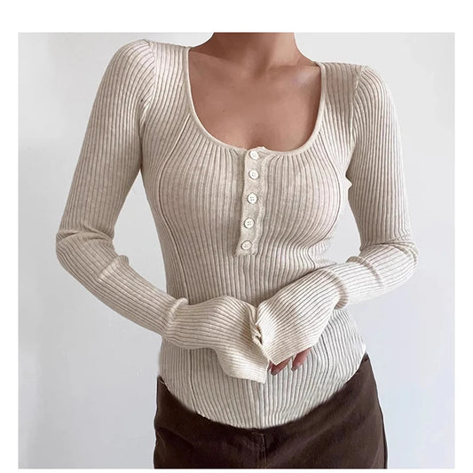 Women's Clothing Fashion All-match Solid Knit Pullovers Spring Summer Elegant Square Collar Chic Button Sweater Lady Vintage Top