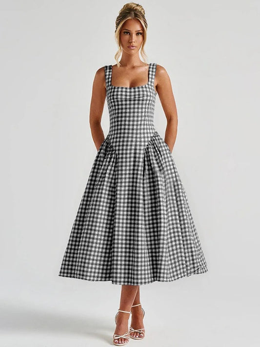 Woman Clothing Sexy High Waist Tunics Plaid Long Dress 2026 Spring Female Sleeveless Backless Ruched A-line Party Prom Dresses