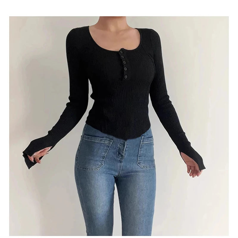Women's Clothing Fashion All-match Solid Knit Pullovers Spring Summer Elegant Square Collar Chic Button Sweater Lady Vintage Top