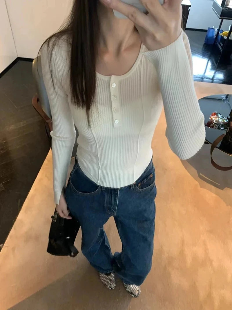Women's Clothing Fashion All-match Solid Knit Pullovers Spring Summer Elegant Square Collar Chic Button Sweater Lady Vintage Top