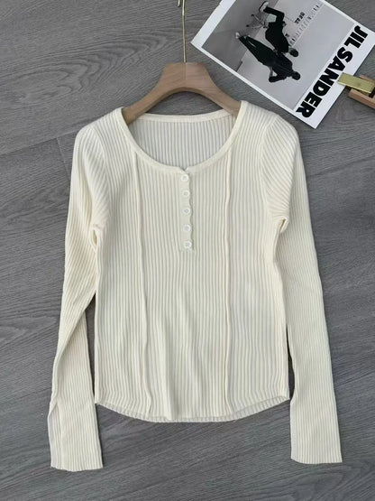 Women's Clothing Fashion All-match Solid Knit Pullovers Spring Summer Elegant Square Collar Chic Button Sweater Lady Vintage Top