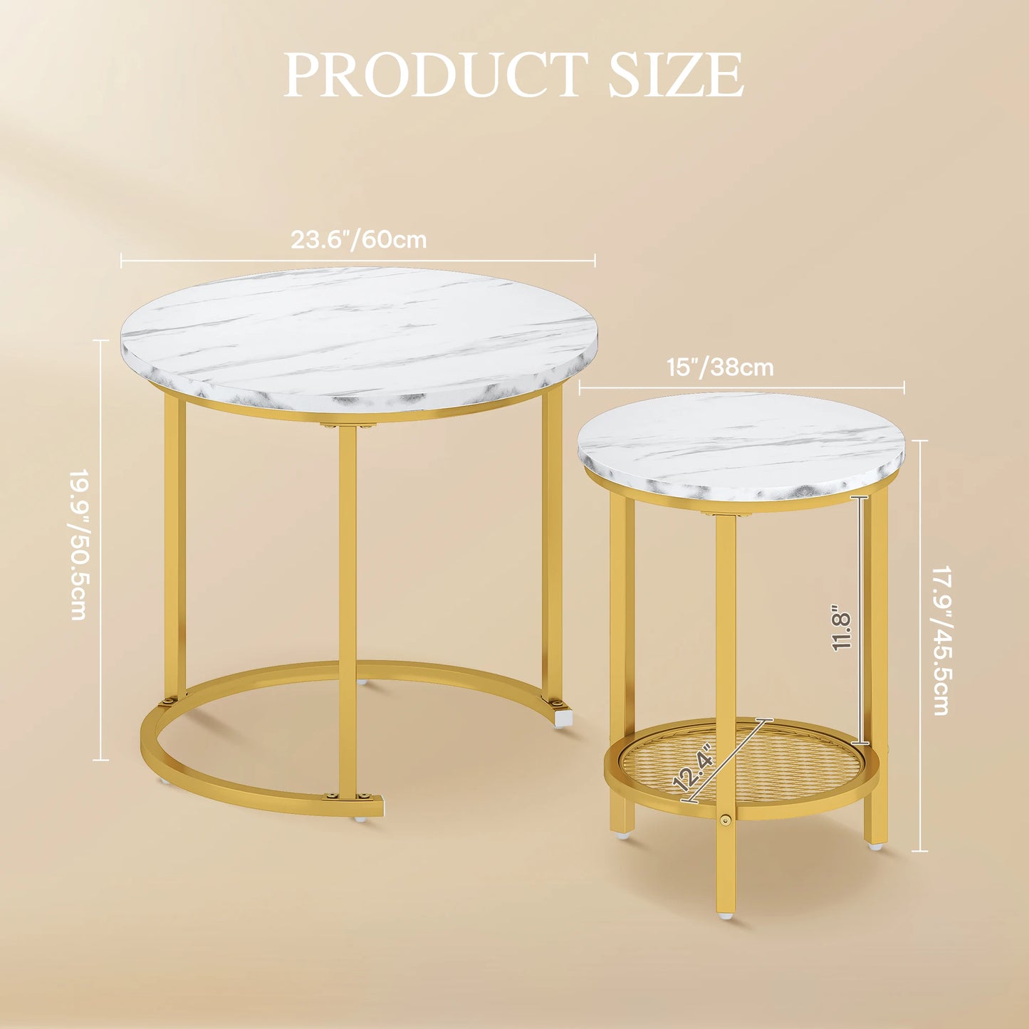 YITAHOME 2-Piece Nesting Coffee Table Set - Round Wood Top & Metal Frame with Storage, 60x60x50.5cm, Easy Assembly