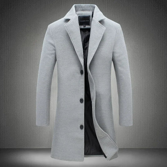 2025Spring Autumn New Long Cotton Coat New Wool Blend Pure Color Casual Business Fashion Men's Clothing Slim Windbreaker Jacket