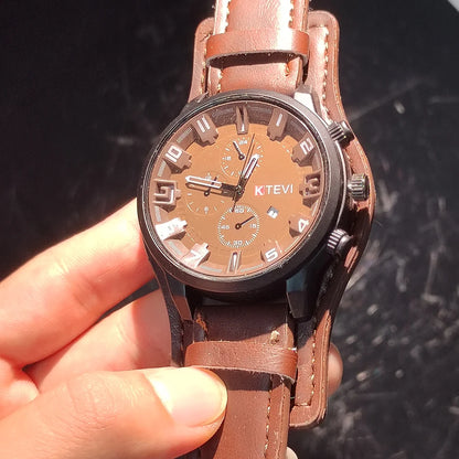 MAYZHISU Retro Men's Watches Big Dial Leather Band Men Business Quartz Watches Calendar Military Sports Male's Wristwatch Clock