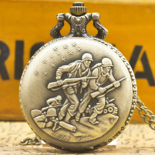 Retro Bronze Steampunk Soldier Flip-Back Quartz Necklace Series Commemorative Pocket Watch For Male And Female Students