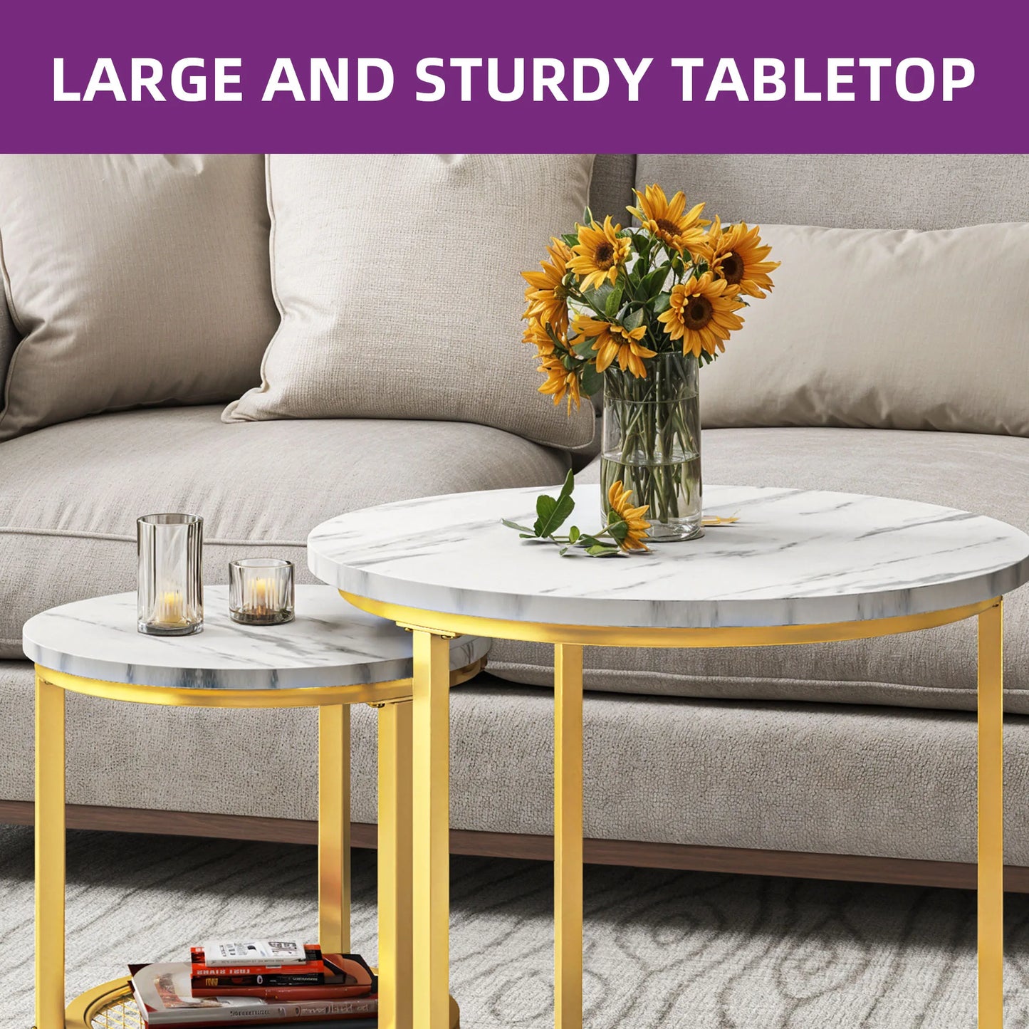 YITAHOME 2-Piece Nesting Coffee Table Set - Round Wood Top & Metal Frame with Storage, 60x60x50.5cm, Easy Assembly