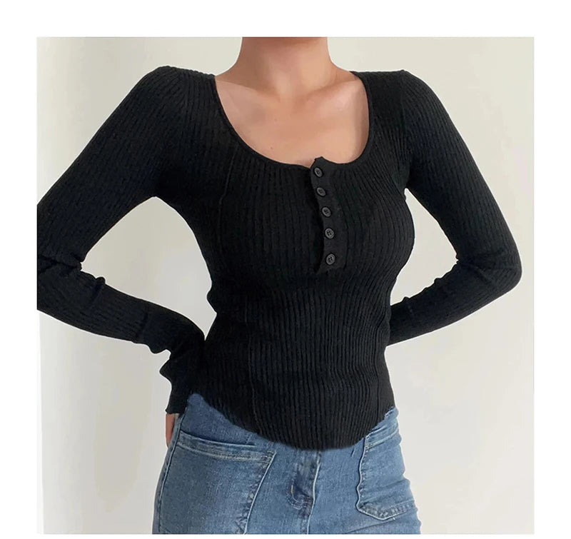Women's Clothing Fashion All-match Solid Knit Pullovers Spring Summer Elegant Square Collar Chic Button Sweater Lady Vintage Top