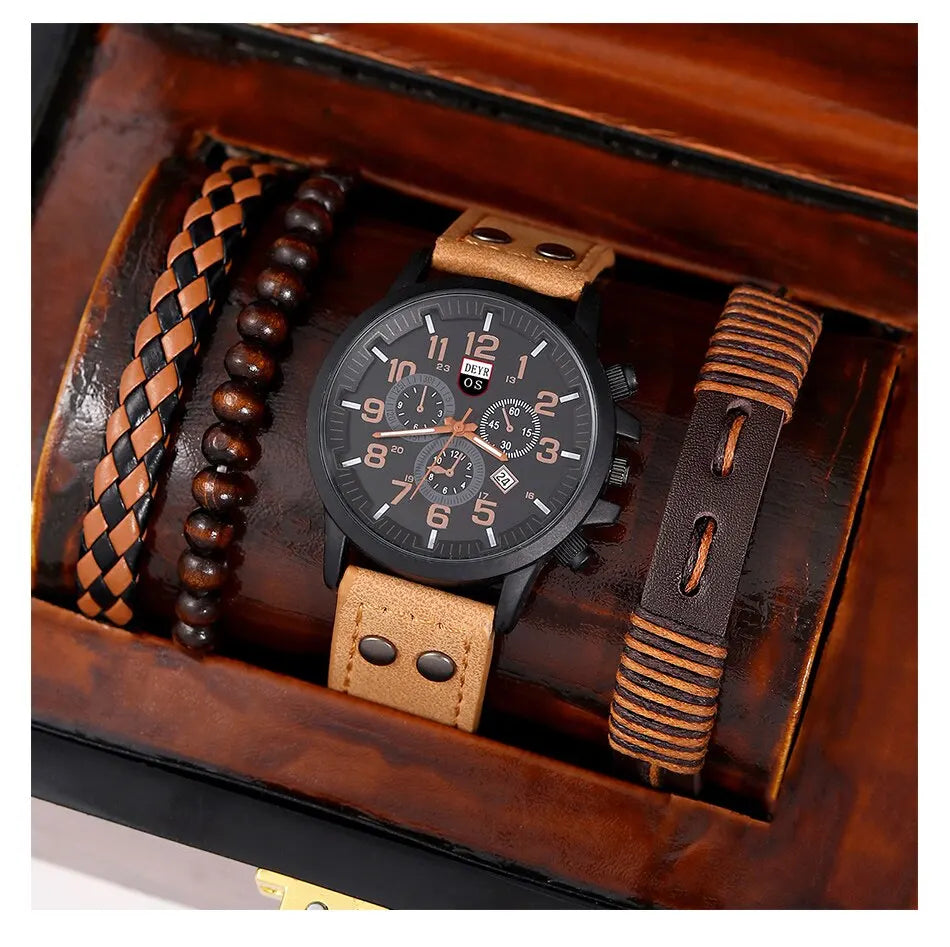 4PCS Set Fashion Mens Sports Bracelet Watches For Men Military Quartz Wrist Watch Classic Male Casual Leather Watch Reloj Hombre