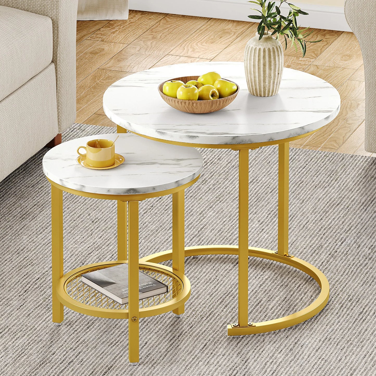 YITAHOME 2-Piece Nesting Coffee Table Set - Round Wood Top & Metal Frame with Storage, 60x60x50.5cm, Easy Assembly