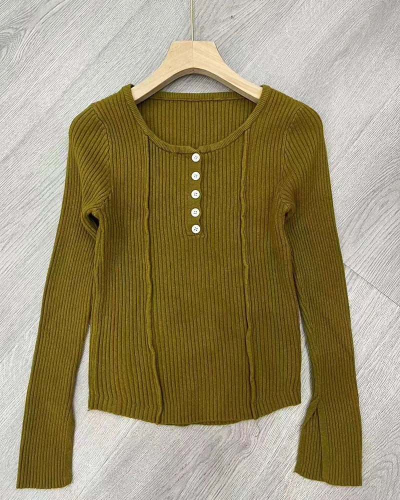 Women's Clothing Fashion All-match Solid Knit Pullovers Spring Summer Elegant Square Collar Chic Button Sweater Lady Vintage Top