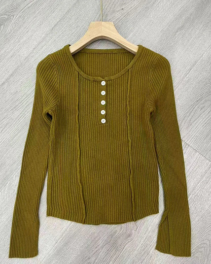 Women's Clothing Fashion All-match Solid Knit Pullovers Spring Summer Elegant Square Collar Chic Button Sweater Lady Vintage Top