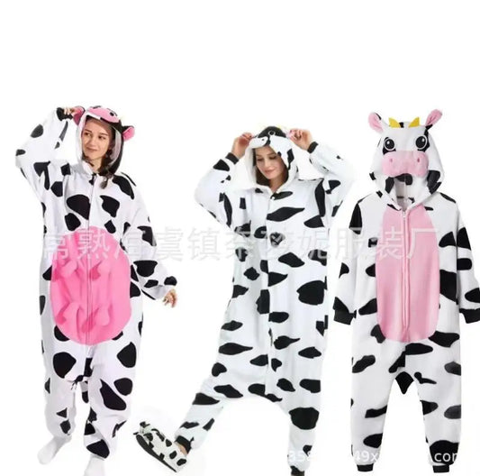 Women's Clothing New Autumn and Winter Cartoon Conjoined Homewear Cow Pattern Flannel Keep Warm Wearable As Outerwear