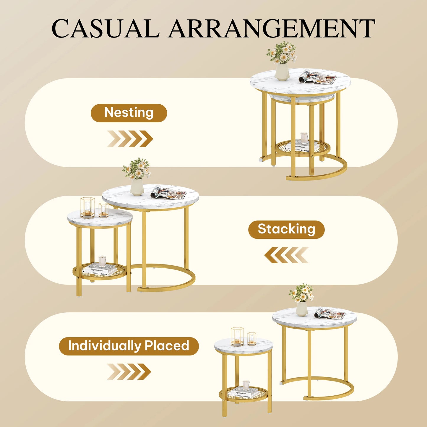 YITAHOME 2-Piece Nesting Coffee Table Set - Round Wood Top & Metal Frame with Storage, 60x60x50.5cm, Easy Assembly