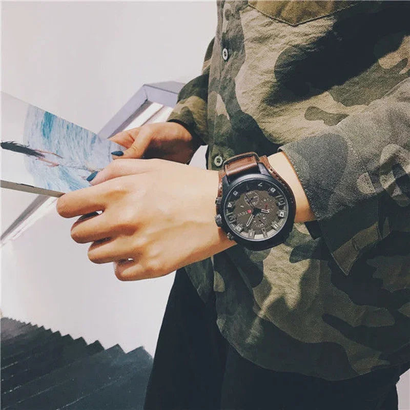 MAYZHISU Retro Men's Watches Big Dial Leather Band Men Business Quartz Watches Calendar Military Sports Male's Wristwatch Clock