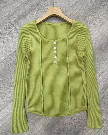 Women's Clothing Fashion All-match Solid Knit Pullovers Spring Summer Elegant Square Collar Chic Button Sweater Lady Vintage Top