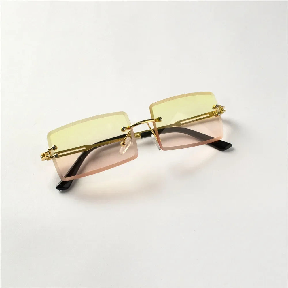 Fashion Rimless Sunglasses Women Trendy Small Rectangle Sun Glasses  Summer Traveling Style Brown Shades for men