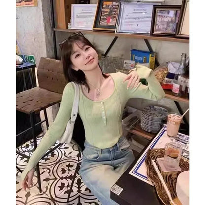 Women's Clothing Fashion All-match Solid Knit Pullovers Spring Summer Elegant Square Collar Chic Button Sweater Lady Vintage Top