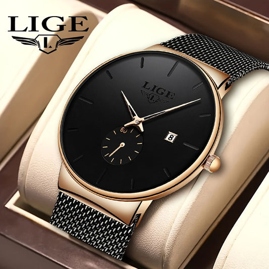 LIGE Minimalist Casual Men's Watch with Stainless Steel Mesh Belt. Leisure Fashion Men's Business Quartz Watches. Waterproof Calendar Wristwatch. Suitable for Gifts to Men.